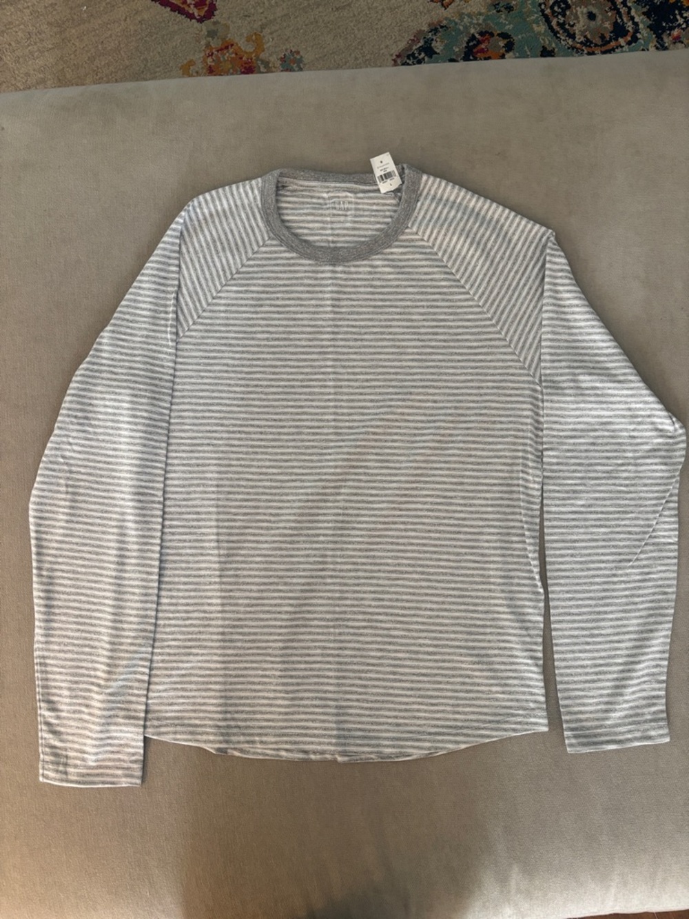 GAP Men's Light Gray & White Striped Long-Sleeve Crewneck